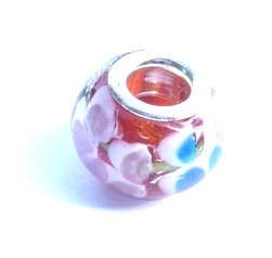 PVM09 Perle en Cristal  avec Oeillet Metal Rouge † Petites Fleurs de Bleu et Rose